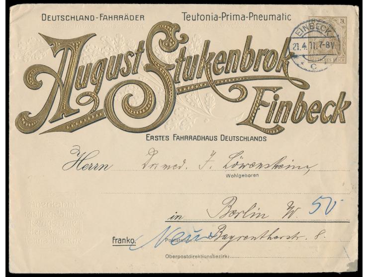 Umschlag mit Wertstempel 3 Pf.,  August Stukenbrok, Einbeck,  mit goldener Zierschrift und Eichenzweigen in farblosem Prägedr