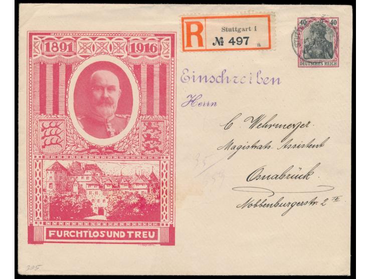 Privatganzsachenumschlag mit Wertstempel 40 Pf. Germania,  Württembergisches Thronjubiläum,  als Einschreiben nach Osnabrück,