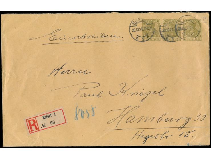 2 großformatige Privat-Ganzsachenumschläge mit drei Wertstempeln zu 60 Pf. olivgrün, Strahlendorf / Mette PU 55 A 1, 1 x unge