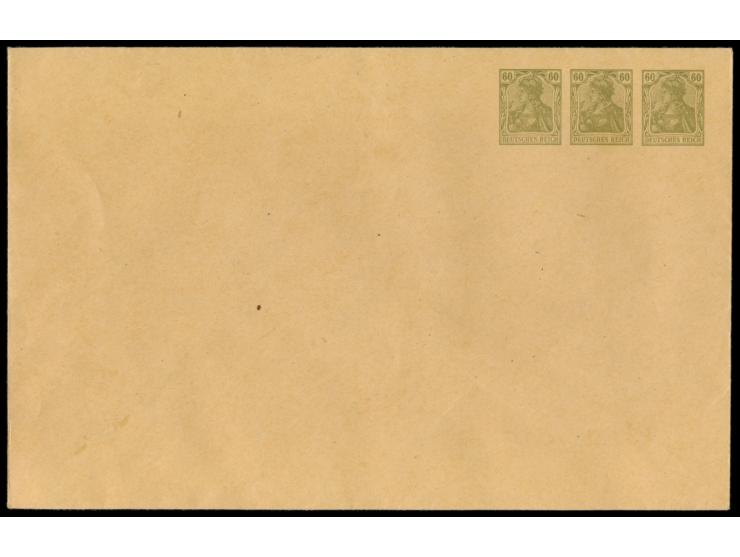 2 großformatige Privat-Ganzsachenumschläge mit drei Wertstempeln zu 60 Pf. olivgrün, Strahlendorf / Mette PU 55 A 1, 1 x unge