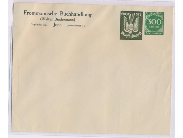 Privat-Ganzsachenumschlag mit Wertstempel 300 M. Ziffer und 100 M. Holztaube, Absender "Frommannsche Buchhandlung ... Jena", 
