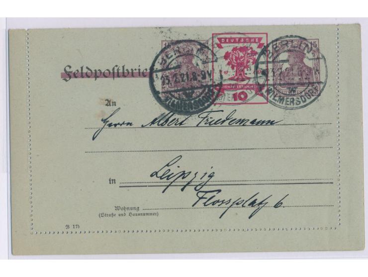 Feldpost-Kartenbrief (Feldheer) mit Wertstempel-Zudrucken 2 x 15 Pf. Germania und 10 Pf. Nationalversammlung, Strahlendorff /