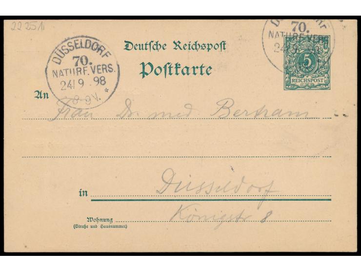 Sonderstempel  Düsseldorf 70. Naturf. Vers.  24.9.98, zwei Abschläge vom Letzttag auf Ganzsache 5 Pf. mit  Bild- und Textzudr