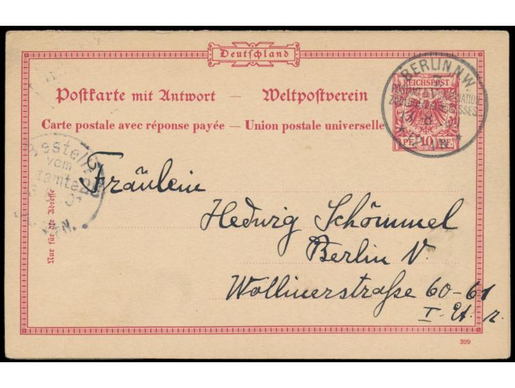 Sonderstempel  Berlin, N.W. 7 Postamt d. V. Internation. Zoologen Kongresses  13.8.01 als Aufgabestempel und als Ankunftstemp