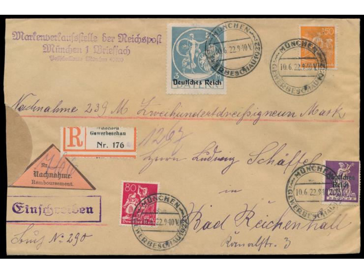 Stempel  München Gewerbeschau 1922  10.6.22 auf  Nachnahme-Einschreibbrief  nach Bad Reichenhall, Frankatur 4,50 M., Absender