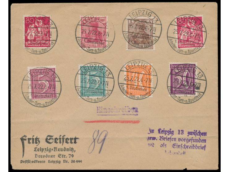 Sonderstempel Leipzig 13 1. Deutsches Arbeiter- Turn- u. Sportfest 25.7.22, acht Abschläge vom letzten Veranstaltungstag auf 