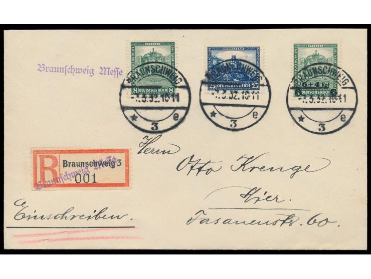 Orts-Einschreibbrief mit Nothilfe-Frankatur, Stempel  Braunschweig 3  7.3.32 und violetter L1  Braunschweig Messe,  gleicher 