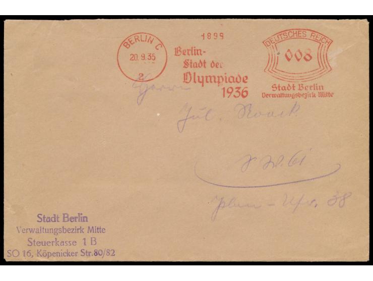Absenderfreistempel &nbsp;Berlin C 2 20.9.35, Bogenrechteck-Wertrahmen 8 Pf., Werbeeinsatz &nbsp;&quot;Berlin-Stadt der Olymp