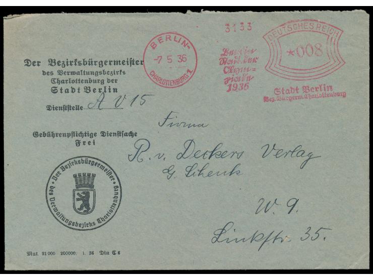 Absenderfreistempel &nbsp;Berlin-Charlottenburg 1 7.5.36, Bogenrechteck-Wertrahmen 8 Pf., Werbeeinsatz &nbsp;&quot;Berlin-Sta