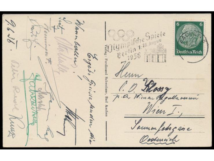 Maschinen-Werbestempel  Aachen 5  9.6.36  Olympische Spiele Berlin ... auf Ansichtskarte nach Wien,  Text "ergebene Grüsse se