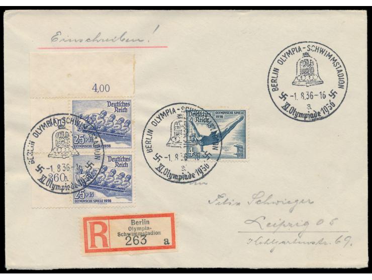 Sonderstempel  Berlin Olympia-Schwimmstadion a  1.8.36 auf Einschreibbrief nach Leipzig, mit 25 Pf. Winter-Olympiade im senkr