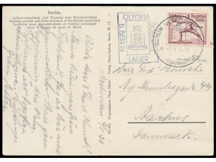 Sondermarke Olympia 15 Pfg. Einzelfrankatur portorichtig als Auslandskarte, Sonderstempel Berlin Olympisches Dorf 3.8.36, sel