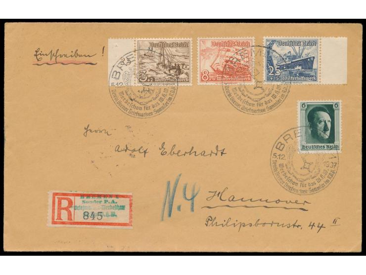 Einschreibbrief  mit Sondermarken-Frankatur, Sonderstempel  Bremen 1  Werbeschau für das W.H.W. ... 5.12.37, Blanko-R-Zettel 