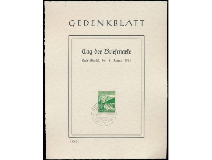 Sonderstempel  Halle (Saale)  Tag der Briefmarke  8.1.39 auf nummeriertem Gedenkblatt (Format 17,5 x 22,5 cm)  mit WHW 5 Pf.
