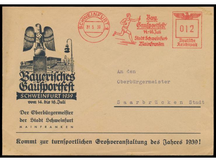 Sonderstempel  Schweinfurt - Gau XV Bayern NSRL - Fest der Leibesübungen   14-16.7.1939  15.7.39 auf Ansichtskarte "Willi-Sac