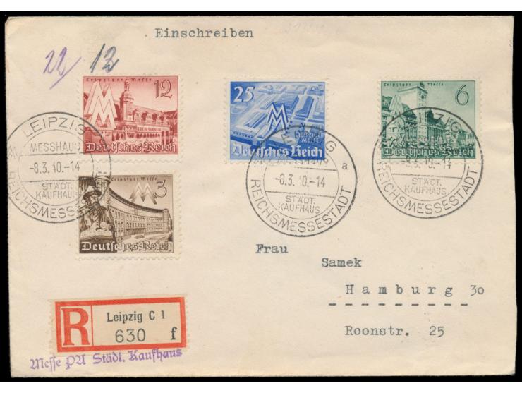 Satz Leipziger Frühjahrsmesse 1940 auf Einschreibbrief mit Sonderstempel  Leipzig Messhaus Städt. Kaufhaus  8.3.40, R-Zettel 