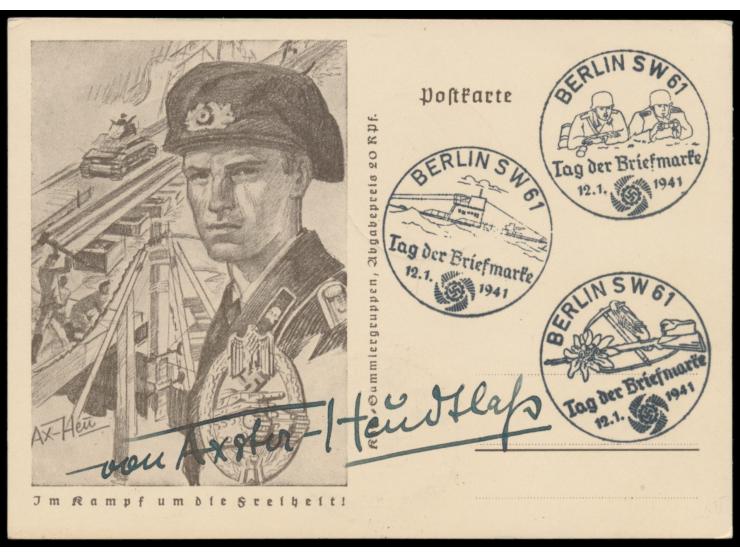 Propagandakarte  "Im Kampf um die Freiheit"  (Bild Panzertruppe) im Muster der Ganzsache (P 242) ohne Wertstempel, 7 verschie