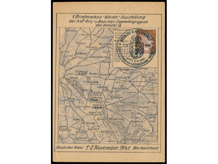 Sonderstempel  Berlin-Karlshorst 1. Briefmarken-Werbeschau Kreis IX  1.11.1941 auf entsprechender  Sonderkarte  mit 3 Pf. Hit