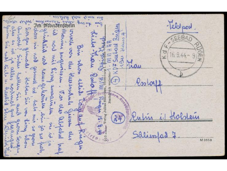 Stempel  KdF-Seebad Rügen  16.9.44 Prora) auf Feldpostkarte nach Eutin, Briefstempel Mar.-Nachr-Helferinnen-Ausbildungsbtl., 