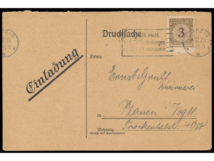 3 Pf. Rosette vom Unterrand mit mehrere Millimeter  nach unten versetztem Kammschlag,  dadurch übergroße Marke, Drucksachenka