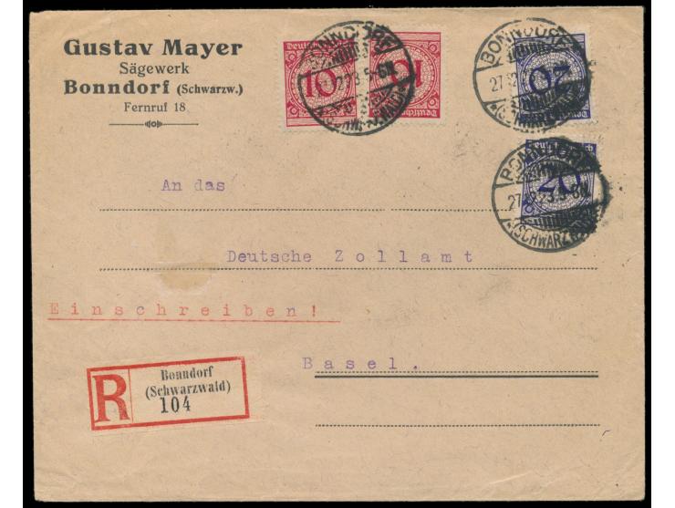 2 x 10 Pf. und 2 x 20 Pf. Rosette auf Auslands-Einschreibbrief mit Stempel Bonndorf (Schwarzwald) 27.12.23  an das Deutsche Z