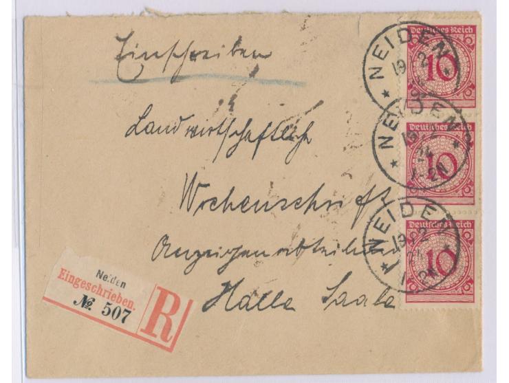 3 x 10 Pf. Rosette auf Einschreibbrief mit Stempel Neiden 19.2.24 nach Halle, alter ungezähnter R-Zettel mit "R" rechts, Anku