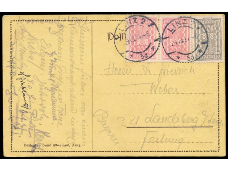 Österreich 100 und 2x 200 Kr., Stempel Linz &nbsp;29.7.24 auf &nbsp;Bildkarte der &nbsp;&nbsp;Gruppe Oberland. &nbsp;Gerichte