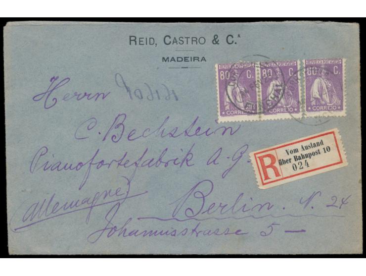 Portugal  4 C. (rückseitig) und 3 x 80 C.. auf  Einschreibbrief  nach Berlin, Stempel  Funchal  14.2.25, handschriftlicher R-