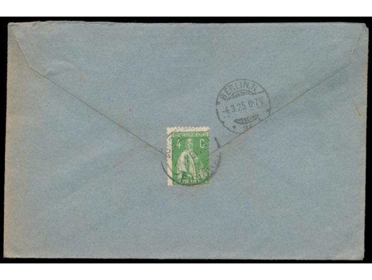 Portugal  4 C. (rückseitig) und 3 x 80 C.. auf  Einschreibbrief  nach Berlin, Stempel  Funchal  14.2.25, handschriftlicher R-