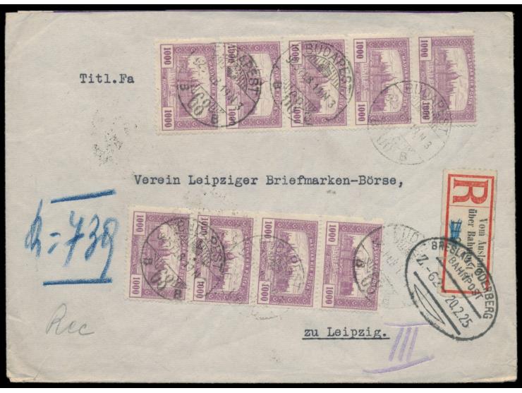 Ungarn,  9 x 1000 K. Parlament auf Einschreibbrief mit Stempel  Budapest  19.2.25 nach Deutschland, handschriftlicher R-Verme