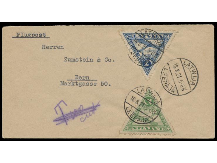 1 R. und 20 R. Flugpost auf  Luftpostbrief  mit Stempel Latwija / Leepaja 18..8.21 in die Schweiz, ohne Durchgangsstempel, ha