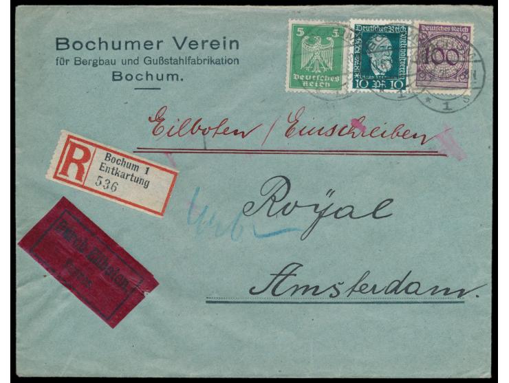Auslands-Eilboten-Einschreibbrief mit Stempel Bochum 1 19.6.25 nach Amsterdam,  R-Zettel "Bochum 1 Entkartung" , Ankunftstemp