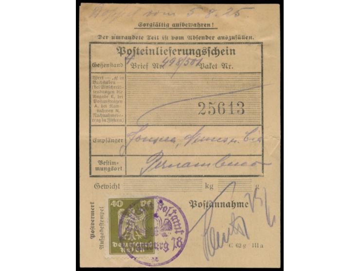 30 Pf. "Neuer Reichsadler" auf  Einlieferungsschein  für drei Einschreibbriefe nach Brasilien, entwertet mit violettem Dienst