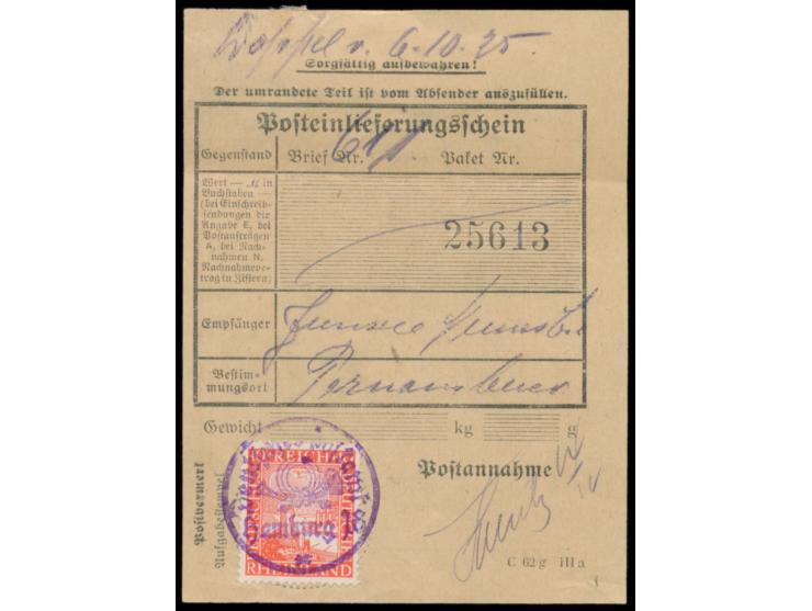 10 Pf. "Rheinland" auf  Einlieferungsschein  für einen Einschreibbrief nach Brasilien, entwertet mit violettem Dienstsiegel  