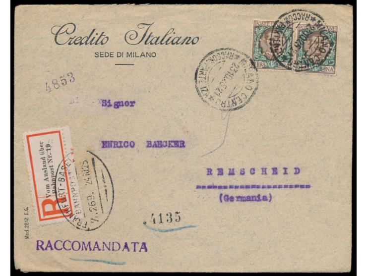 2 x &nbsp;Italien &nbsp;1 L. mit Firmenlochung auf Einschreibbrief mit Stempel Milano 23.10.25 und Nummerator (Selbstbucher) 