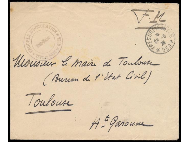 Französische Besetzung des Brückenkopfes Kehl:  Stempel Tresor et Postes 250 23.5.26 und Briefstempel  Troupes D´Occupation /