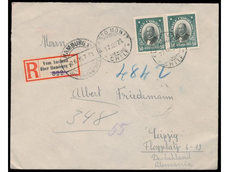 2 x  Chile  50 C. auf Einschreibbrief mit Stempel  Puerto Montt  27.4.26 nach Leipzig, handschriftlicher Registriervermerk,  