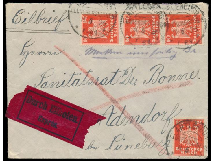 7 x 10 Pf. "Neuer Reichsadler" (3 Marken rückseitig) auf Eilbotenbrief mit Stempel Artlenburg i. Lüneburgischem 11.6.26 nach 