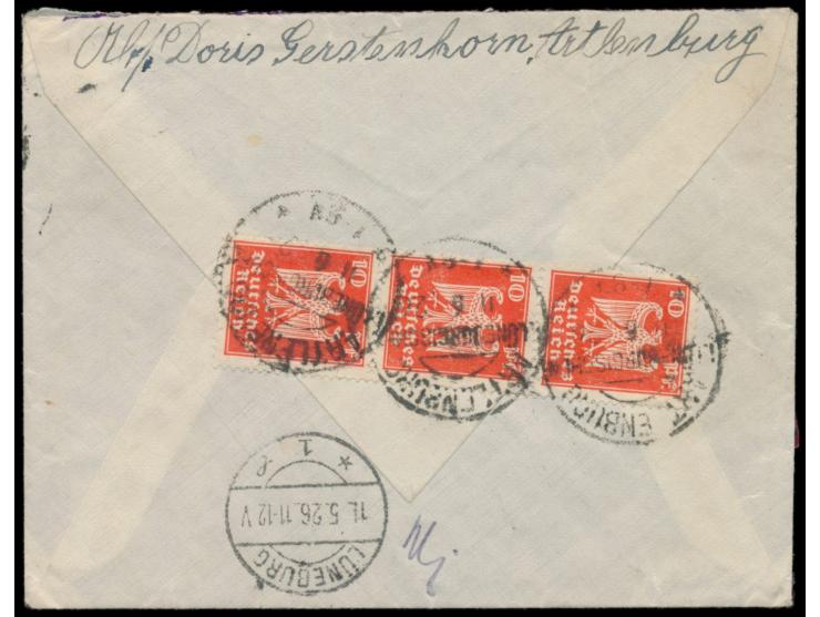 7 x 10 Pf. "Neuer Reichsadler" (3 Marken rückseitig) auf Eilbotenbrief mit Stempel Artlenburg i. Lüneburgischem 11.6.26 nach 