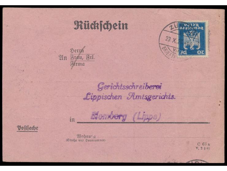 20 Pf. "Neuer Reichsadler" (ein kurzer Zahn) auf  Rückschein  aus der Schweiz zurück an das Amtsgericht Blomberg (Lippe), Ste
