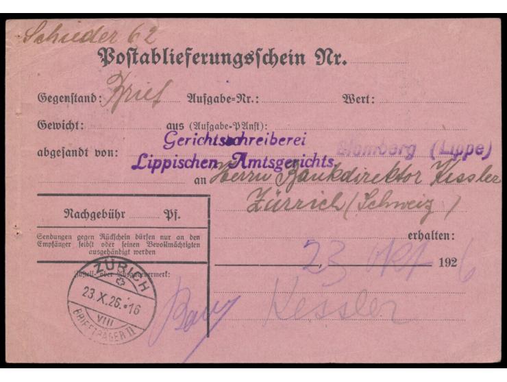 20 Pf. "Neuer Reichsadler" (ein kurzer Zahn) auf  Rückschein  aus der Schweiz zurück an das Amtsgericht Blomberg (Lippe), Ste