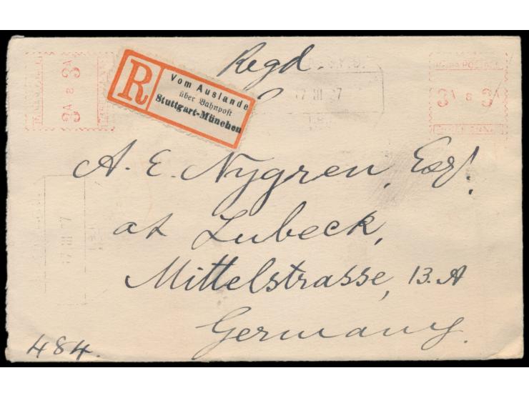 Indien-Universal-Absenderfreistempel  3 A. mit Maschinennummer 8. aus Madras 17.3.27 auf Einschreibbrief nach Deutschland, in