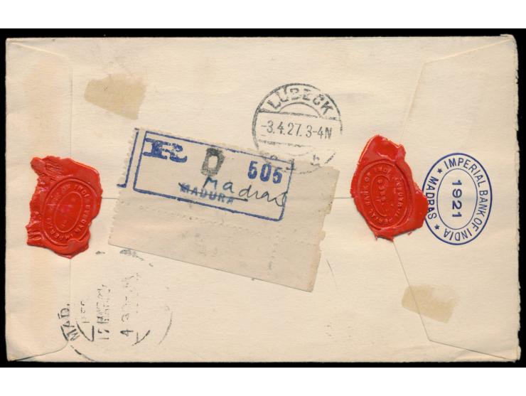 Indien-Universal-Absenderfreistempel  3 A. mit Maschinennummer 8. aus Madras 17.3.27 auf Einschreibbrief nach Deutschland, in