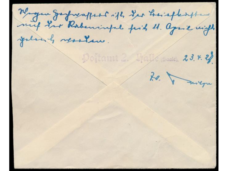 5 Pf. Schiller auf Ortsbrief mit Stempel  Halle (Saale) 2  23.4.27, rückseitig handschriftlicher Vermerk  "Wegen Hochwasser i
