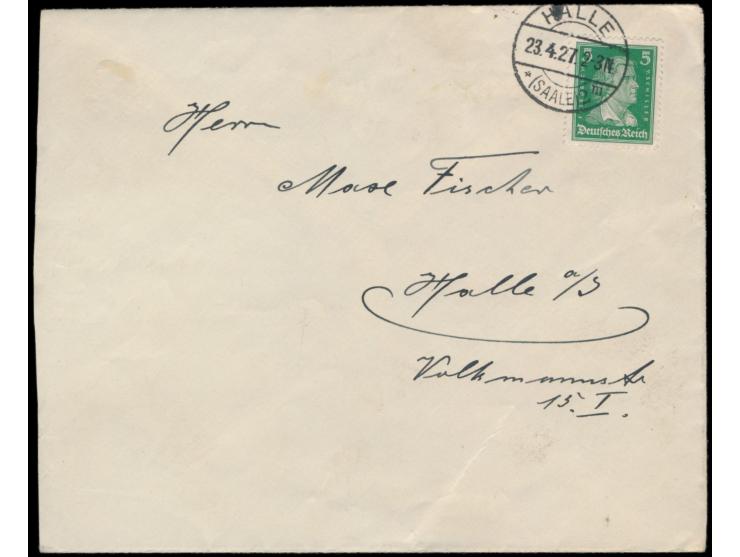5 Pf. Schiller auf Ortsbrief mit Stempel  Halle (Saale) 2  23.4.27, rückseitig handschriftlicher Vermerk  "Wegen Hochwasser i