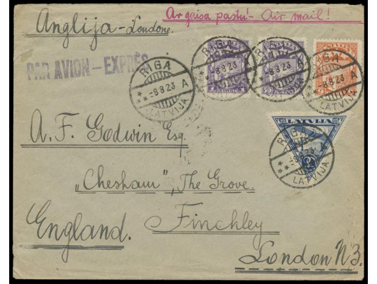 Währungs-Mischfrankatur 9 Rub. und 50 Kap. mit 1 S. auf &nbsp;Luftpostbrief &nbsp;mit Stempel Riga 8.8.23 nach London, violet
