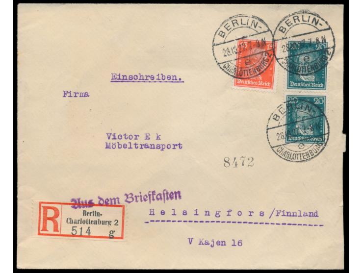 Auslands-Einschreibbrief nach Finnland, Frankatur 55 Pf., Stempel  Berlin-Charlottenburg 2  28.10.27, R-Zettel mit violettem 