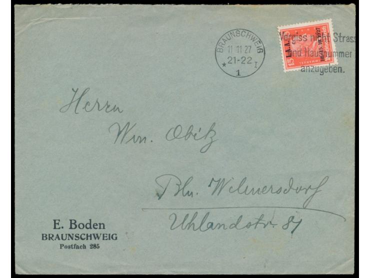 Einzelfrankatur  15 Pf. "Tagung des Internationalen Arbeitsamtes"  auf Brief mit Maschinenstempel Braunschweig 11.11.27 nach 