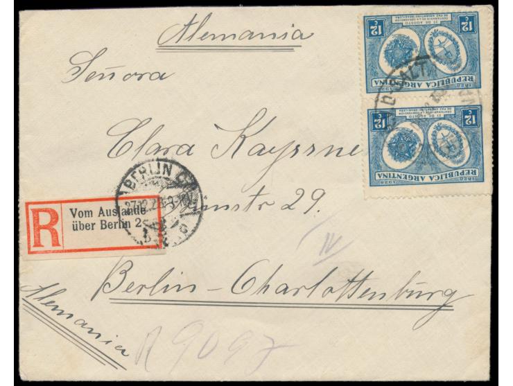 2 x  Argentinien  12 C. "100 Jahre Frieden" auf Einschreibbrief mit Stempel  R.V.D. Salta  3.12.28 und handschriftlichem R-Ve