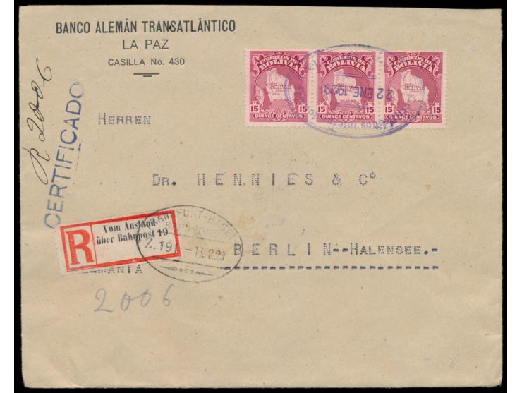 3 x  Bolivien  15 C. auf  Einschreibbrief  der "Banco Aleman Transatlantico" nach Berlin, Stempel  La Paz  22.1.1929, L1 Cert